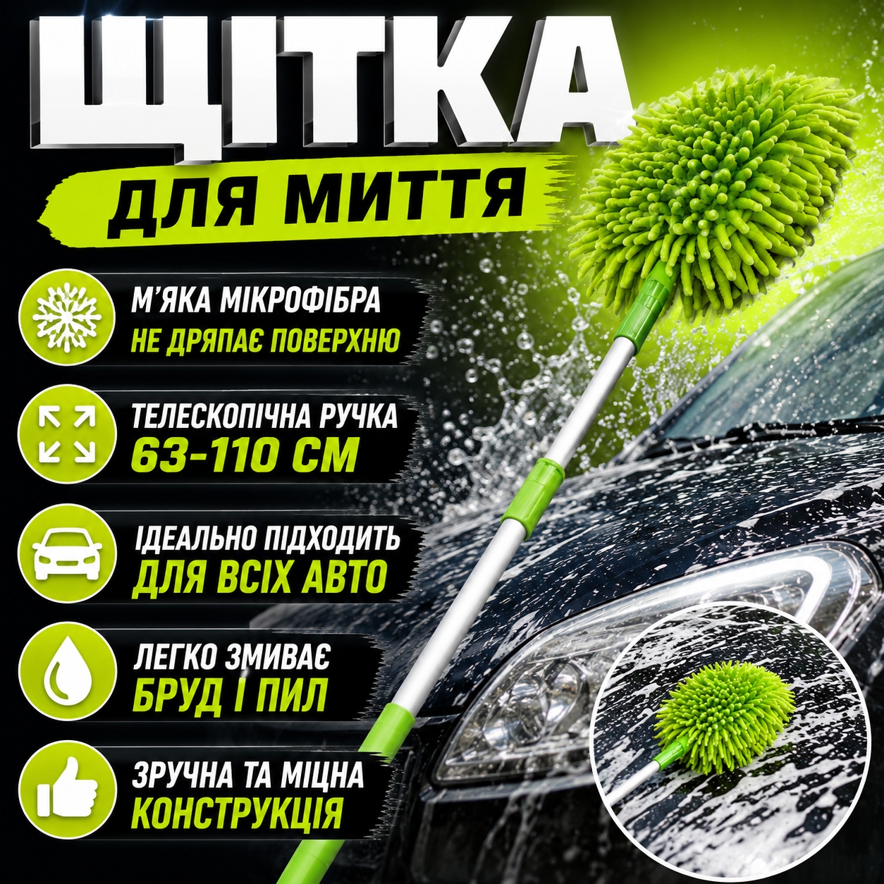Телескопічна щітка для миття авто з мікрофіброю на білому фоні